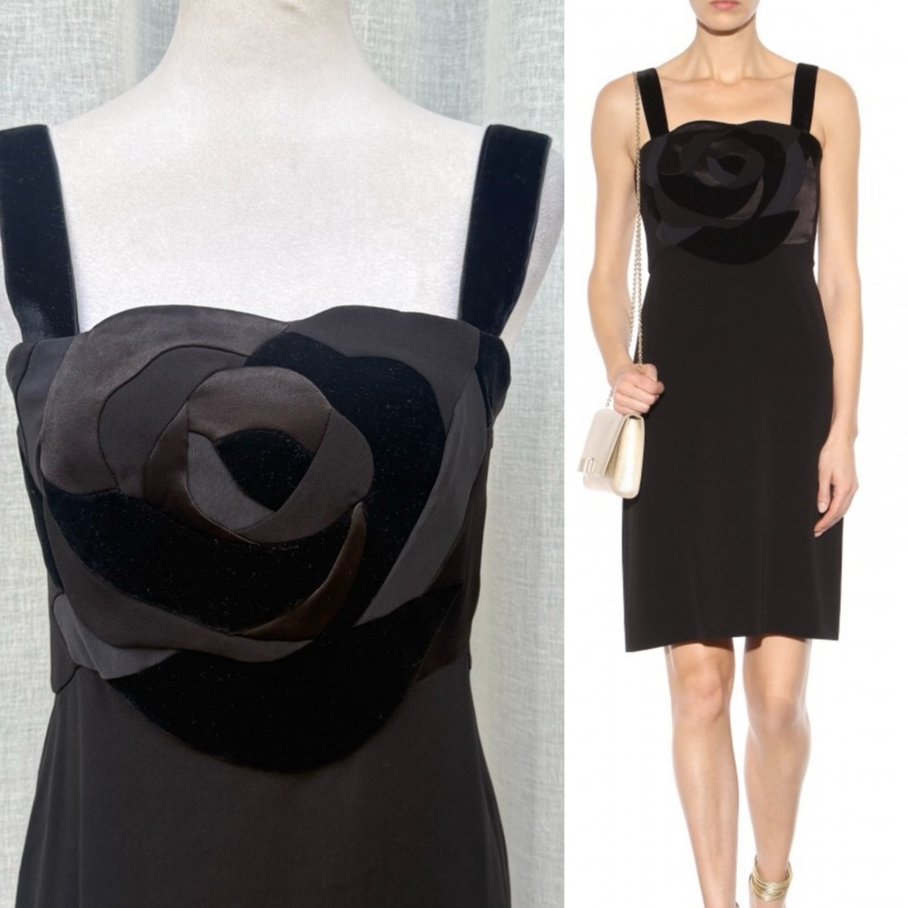 Diane Von Furstenberg black velvet rose appliqué flower mini cocktail dress